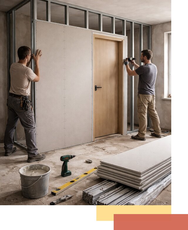 Перегородка из гипсокартона с дверью под ключ в Лыткарино