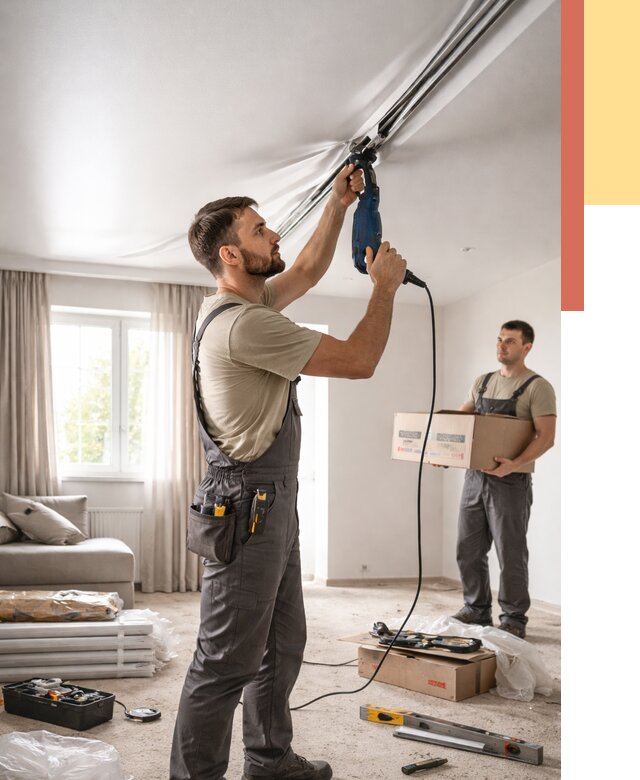 Монтаж сатинового натяжного потолка в Лыткарино от 3585 руб. | Быстро, недорого — ОТДЕЛОЧНИК-Лтк