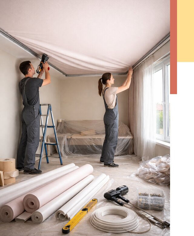 Монтаж цветного натяжного потолка в Лыткарино от 4302 руб/м² — быстро и недорого | ОТДЕЛОЧНИК-Лтк