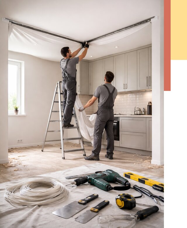 Установка натяжного потолка на кухне в Лыткарино от 2458 руб. | ОТДЕЛОЧНИК-Лтк