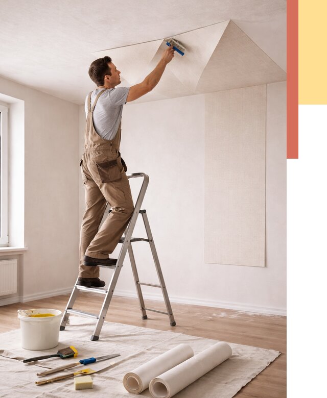 Поклейка обоев на потолок в Лыткарино от 4609 руб. быстро и недорого | ОТДЕЛОЧНИК-Лтк